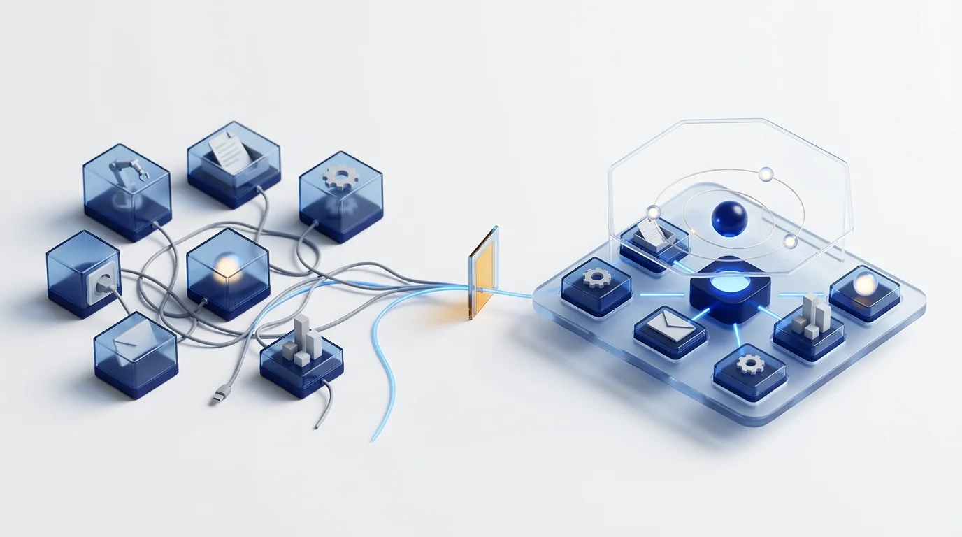 Seven glass boxes tangled in grey cables on the left, a blue thread that gathers them and passes through an amber gate, and on the right a single glass platform with the same modules slotted into place, connected to a central core with three spheres orbiting beneath a transparent hexagonal frame