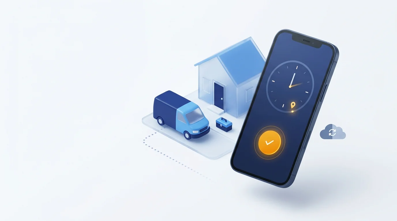 A phone with an amber clock-in button and a single lit location pin, next to a service van parked at a house and a cloud sync icon, with no continuous tracking line