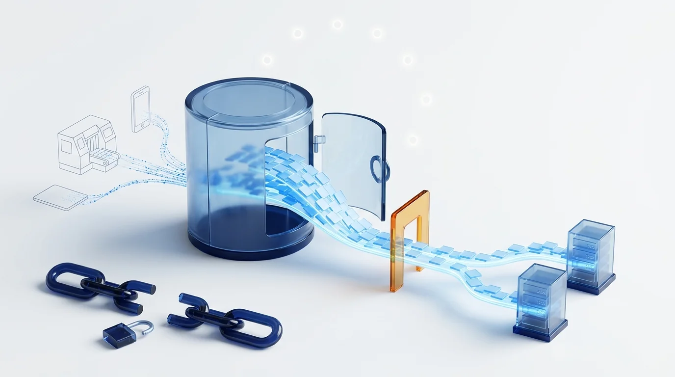 A glass data silo with its door open, releasing a stream of data slabs that passes through an amber gate and splits intact towards two server pedestals, with a broken chain link and an open padlock in the foreground
