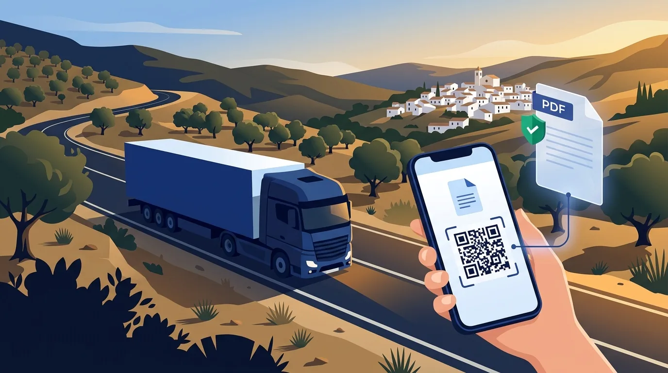 Camión articulado azul marino circulando por una carretera entre olivos y un pueblo blanco al atardecer, mientras una mano sostiene un móvil con el código QR del DeCA que enlaza con el PDF del documento de control