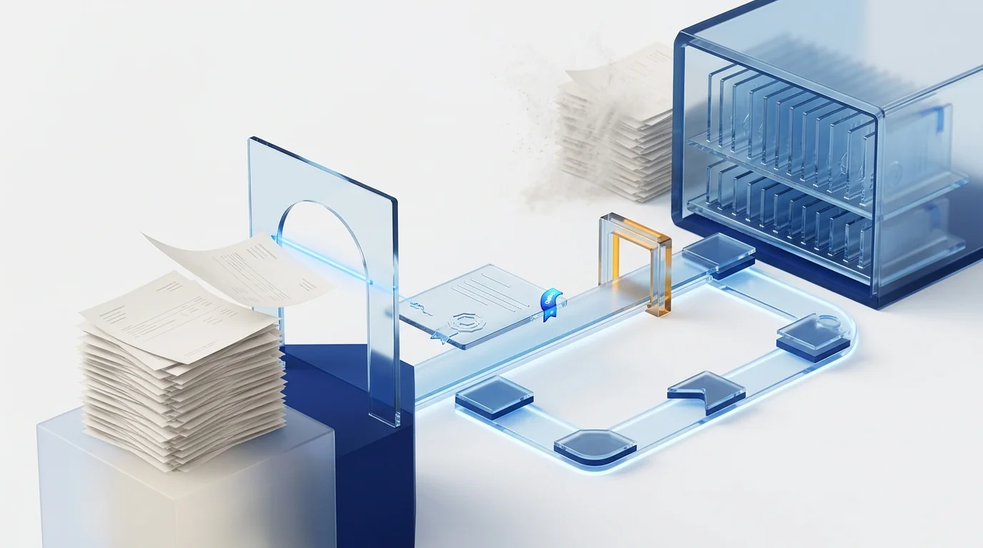 A stack of paper invoices passing through a glass scanning arch and emerging as sealed, signed digital documents that travel along a process lane into a certified archive while the original paper dissolves