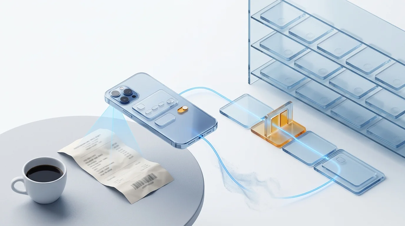 A thermal-paper restaurant receipt on a café table scanned by the blue beam of a glass smartphone, whose luminous thread runs along a lane of process tiles with an amber validation gate to a bank card, while the paper dissolves and certified copies are filed on a glass shelf