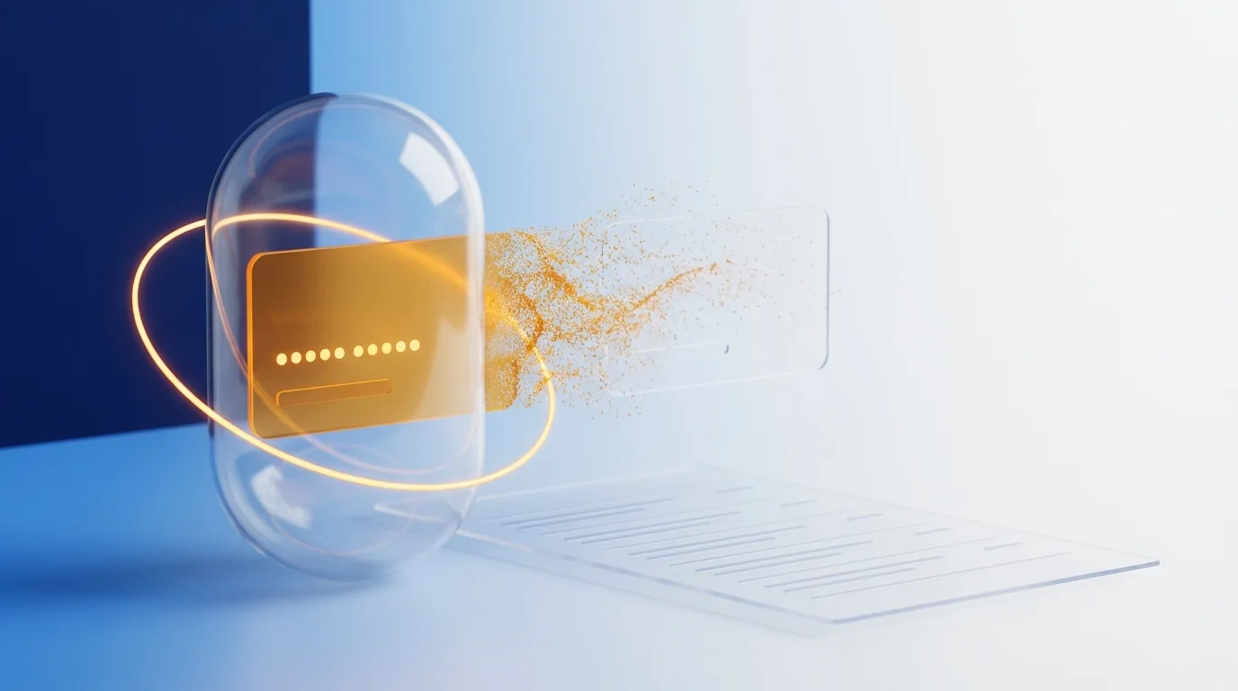An amber card holding a masked password sealed inside a glass capsule, dissolving into golden particles as it leaves the screen of a transparent laptop