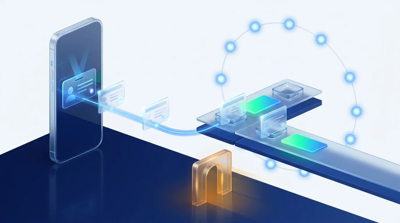 Smartphone di vetro che emette attestazioni verificabili di luce verso una corsia di processo di onboarding, con un anello di nodi luminosi e un varco di accettazione ambrato
