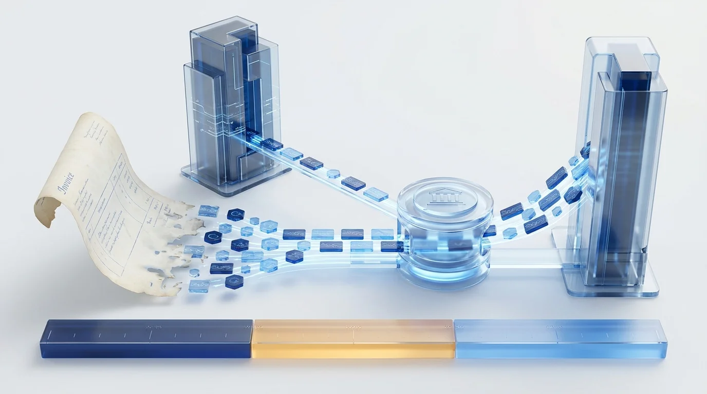 Factura en papel transformándose en factura electrónica estructurada que viaja entre dos empresas a través de plataformas interconectadas, con un calendario de fases al fondo
