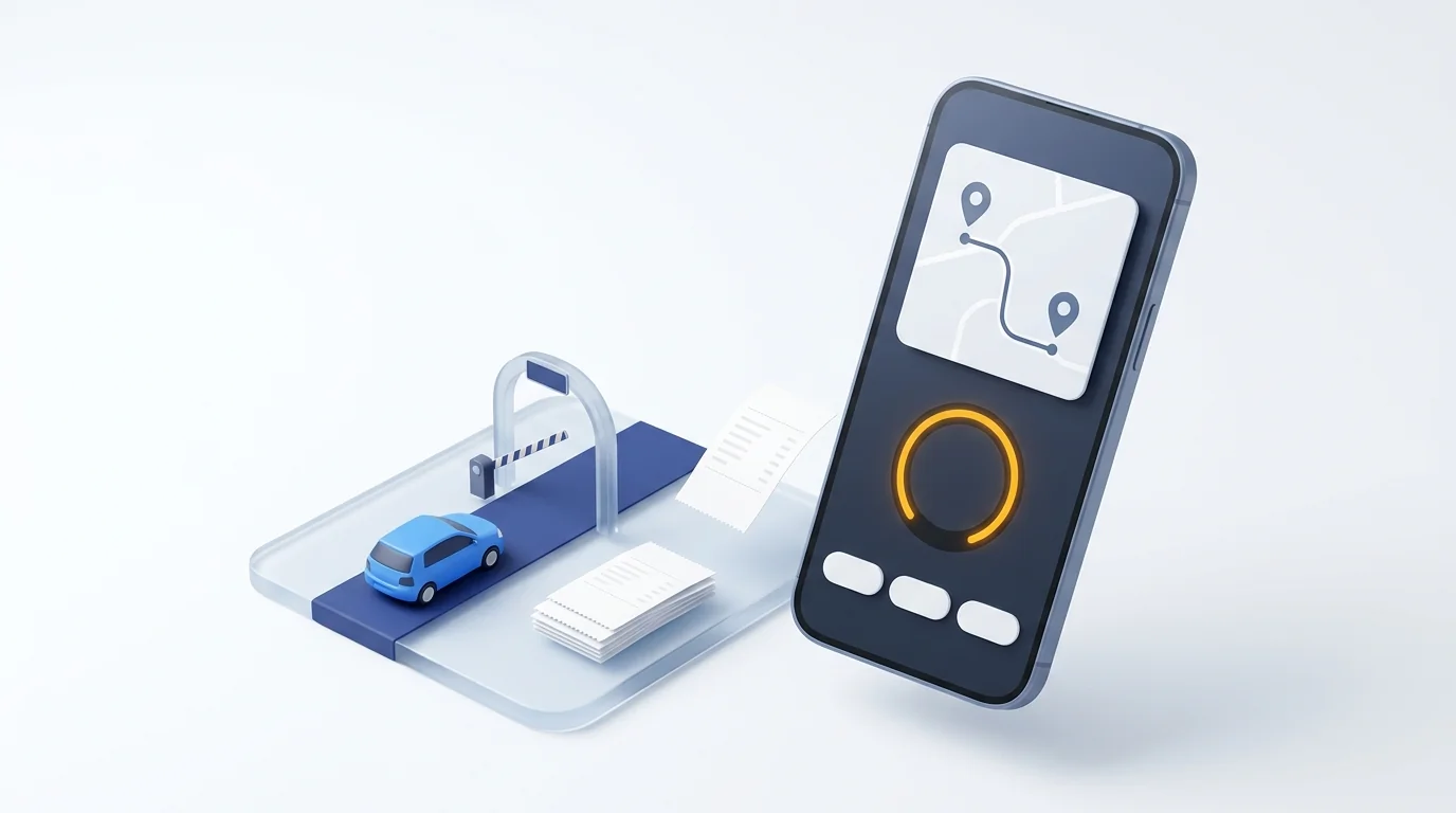 A phone showing an origin-to-destination map and an amber odometer ring, next to a blue company car passing a toll gate and a stack of parking receipts