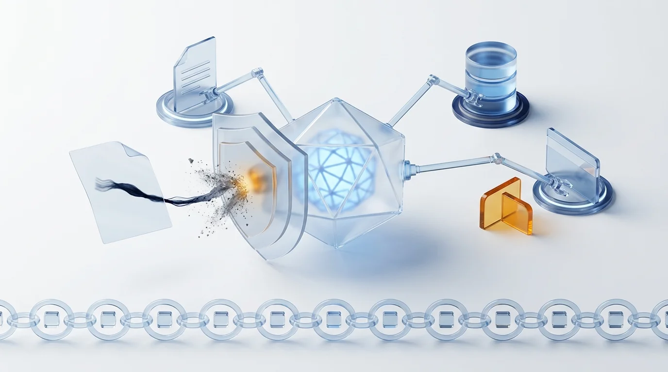 Glass core of an AI agent with light arms docked into tools, a document injecting a dark thread bouncing off three layered shields, and an amber approval gate above a chain of audit links