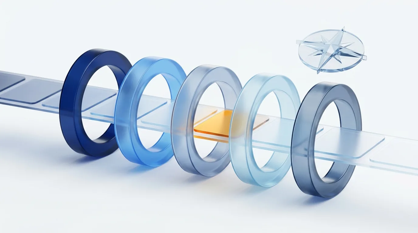 UK AI regulation 2026: a workflow threading through five regulatory rings under a principles-based compass